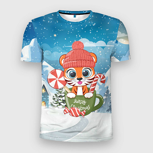 Мужская спорт-футболка Тигренок в кружке Новогодний / 3D-принт – фото 1