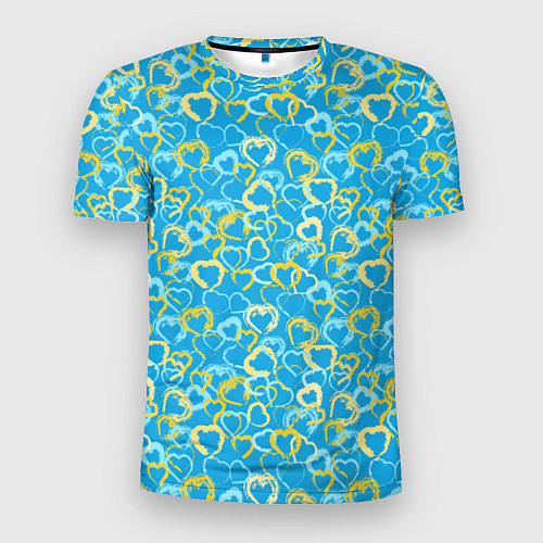 Мужская спорт-футболка Золотые и голубые сердца на небесно-синем фоне / 3D-принт – фото 1