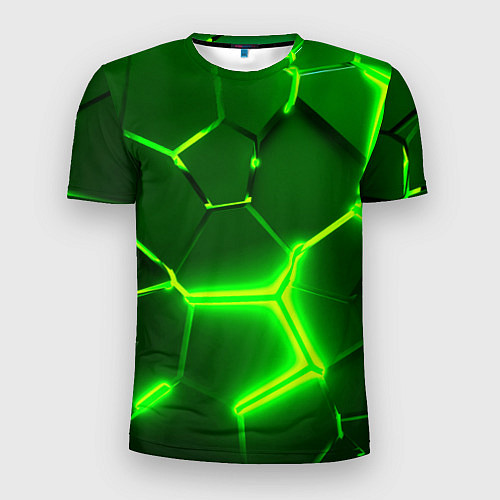 Мужская спорт-футболка 3D ПЛИТЫ НЕОН NEON GREEN HEXAGON РАЗЛОМ / 3D-принт – фото 1