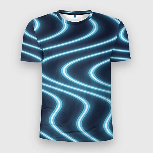 Мужская спорт-футболка Неоновый свет Волны голубые на темном фоне / 3D-принт – фото 1
