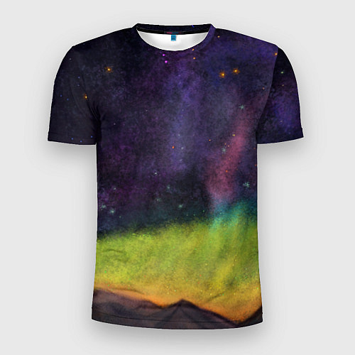 Мужская спорт-футболка Горный пейзаж со звёздным небом и северным сиянием / 3D-принт – фото 1