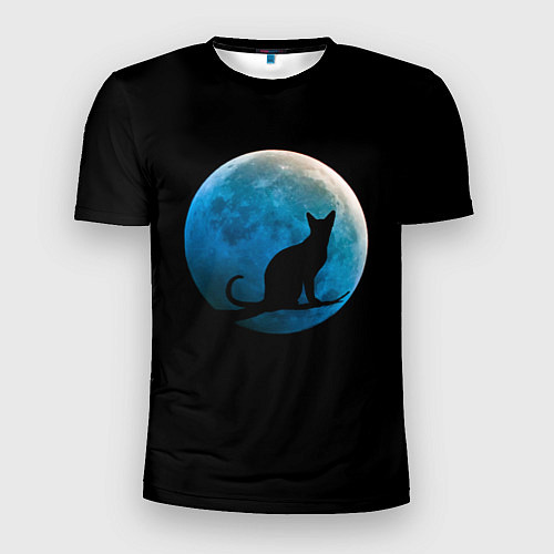 Мужская спорт-футболка Силуэт кота на фоне синей луны / 3D-принт – фото 1