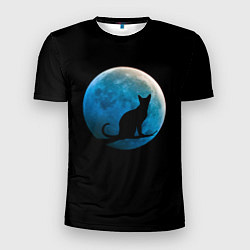 Мужская спорт-футболка Силуэт кота на фоне синей луны