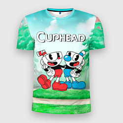 Мужская спорт-футболка Cuphead Красная и синяя чашечка