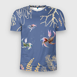 Мужская спорт-футболка Разноцветные акварельные рыбки с морскими водоросл