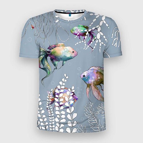 Мужская спорт-футболка Разноцветные акварельные рыбки и белые водоросли / 3D-принт – фото 1