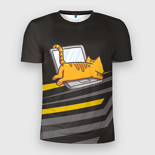 Мужская спорт-футболка Котик лежит на ноутбуке / 3D-принт – фото 1