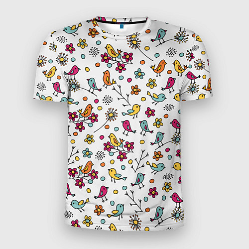Мужская спорт-футболка Птицы и цветы Разноцветный узор в дудл стиле / 3D-принт – фото 1