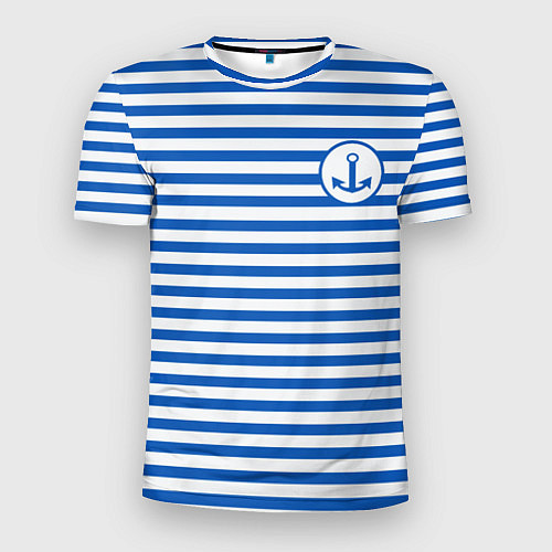 Мужская спорт-футболка Морская тельняшка - бело-синие полосы и якорь / 3D-принт – фото 1