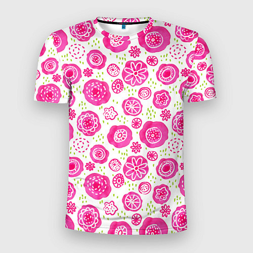 Мужская спорт-футболка Яркие розовые цветы в дудл стиле, абстракция / 3D-принт – фото 1