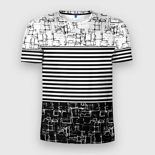 Мужская спорт-футболка Черно-белый комбинированный абстрактный с полосаты / 3D-принт – фото 1