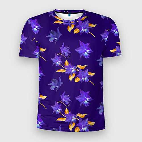 Мужская спорт-футболка Цветы Фиолетовые Ирисы На Синем Фоне / 3D-принт – фото 1
