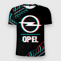 Мужская спорт-футболка Значок Opel в стиле Glitch на темном фоне