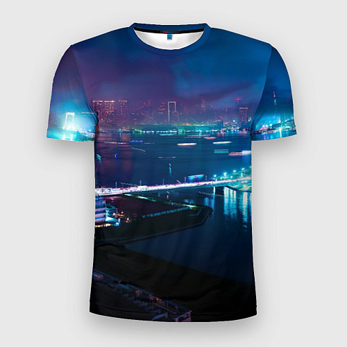 Мужская спорт-футболка Неоновый город и мост - Синий / 3D-принт – фото 1