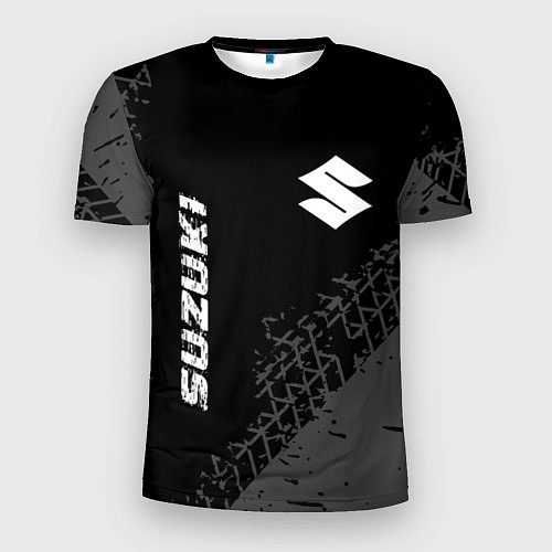 Мужская спорт-футболка Suzuki Speed на темном фоне со следами шин / 3D-принт – фото 1