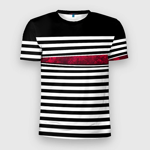Мужская спорт-футболка Полосатый современный черно-белый с красной вставк / 3D-принт – фото 1