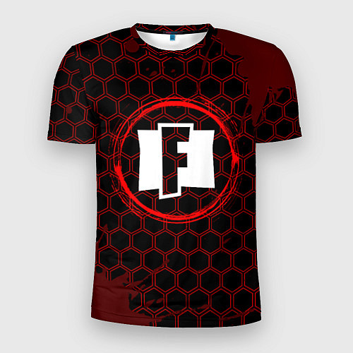 Мужская спорт-футболка Символ Fortnite и краска вокруг на темном фоне / 3D-принт – фото 1