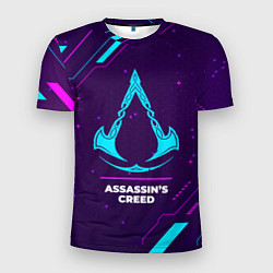 Мужская спорт-футболка Символ Assassins Creed в неоновых цветах на темном