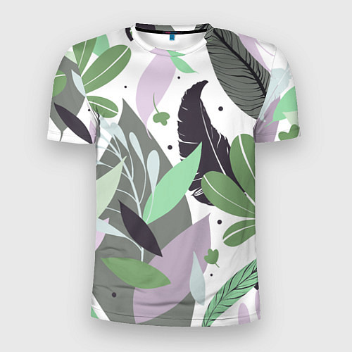 Мужская спорт-футболка Зелёные, серые, голубые, сиреневые листья на белом / 3D-принт – фото 1