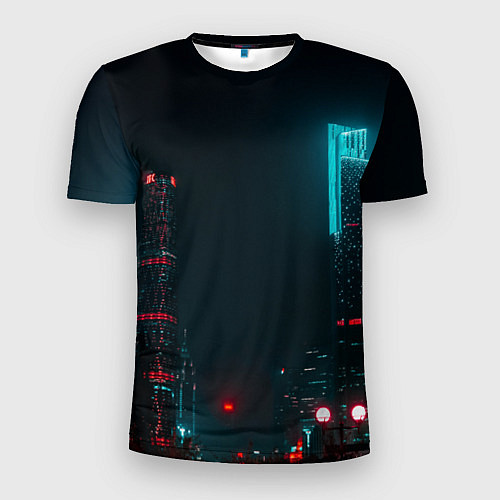 Мужская спорт-футболка Неоновые высотки в городе - Светло-синий / 3D-принт – фото 1