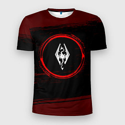 Мужская спорт-футболка Символ Skyrim и краска вокруг на темном фоне