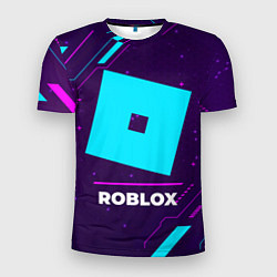 Мужская спорт-футболка Символ Roblox в неоновых цветах на темном фоне