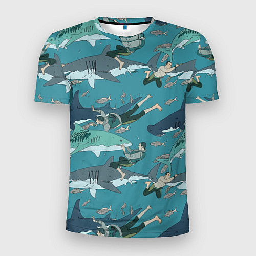 Мужская спорт-футболка Ныряльщики и акулы - паттерн / 3D-принт – фото 1