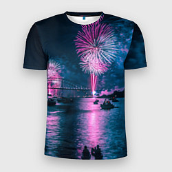 Мужская спорт-футболка Неоновый салют над рекой ночью - Синий