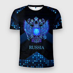 Мужская спорт-футболка Синий неоновый герб России