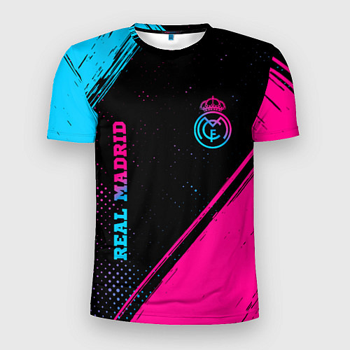 Мужская спорт-футболка Real Madrid - neon gradient: символ и надпись верт / 3D-принт – фото 1