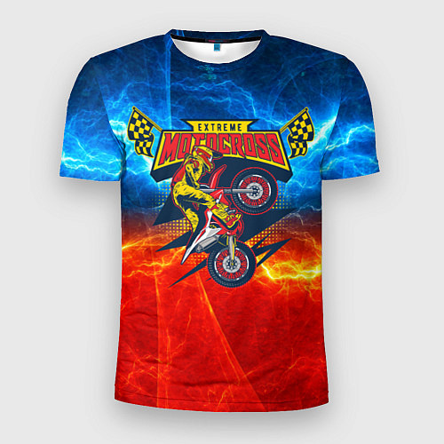 Мужская спорт-футболка Extreme motocross: мотоциклист на фоне огня / 3D-принт – фото 1