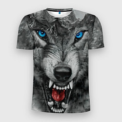 Мужская спорт-футболка Агрессивный волк с синими глазами
