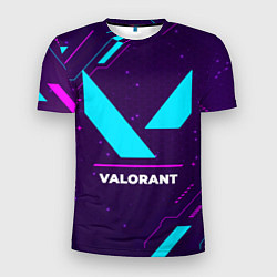 Мужская спорт-футболка Символ Valorant в неоновых цветах на темном фоне