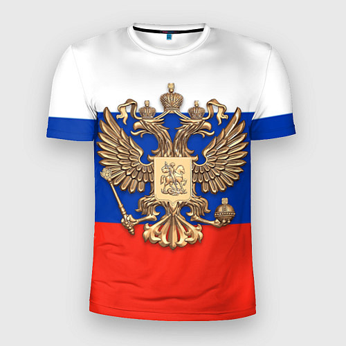 Мужская спорт-футболка Герб России на фоне флага / 3D-принт – фото 1