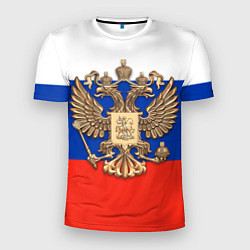 Мужская спорт-футболка Герб России на фоне флага