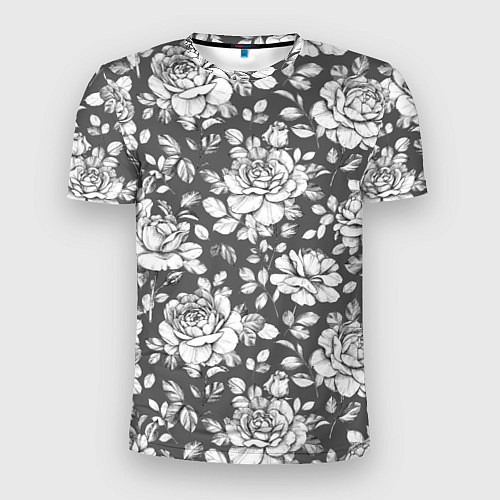 Мужская спорт-футболка Крупные белые розы на сером фоне / 3D-принт – фото 1