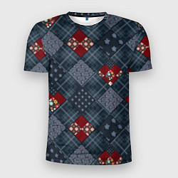 Мужская спорт-футболка Red and blue denim patchwork