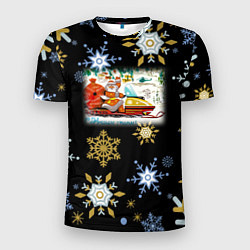 Мужская спорт-футболка Новый Год Дед Мороз На Снегоходе