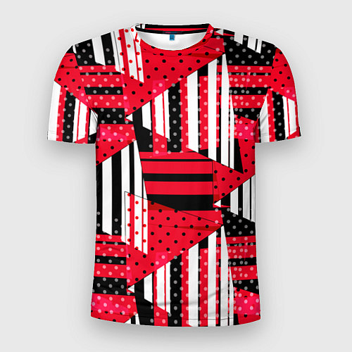 Мужская спорт-футболка Красный, черный и белый горошек и полоска, пэчворк / 3D-принт – фото 1