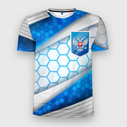 Футболка спортивная мужская Синий герб России на объемном фоне, цвет: 3D-принт