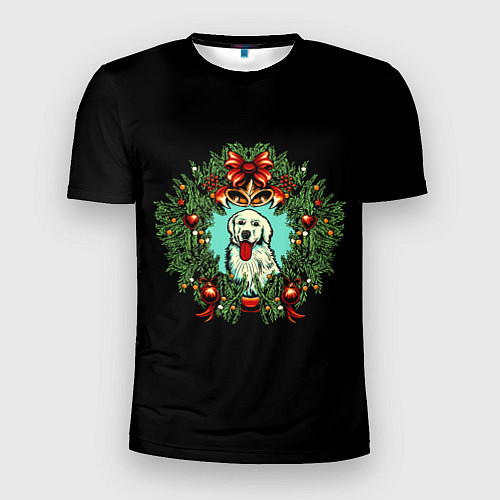Мужская спорт-футболка Новый год венок и собака / 3D-принт – фото 1