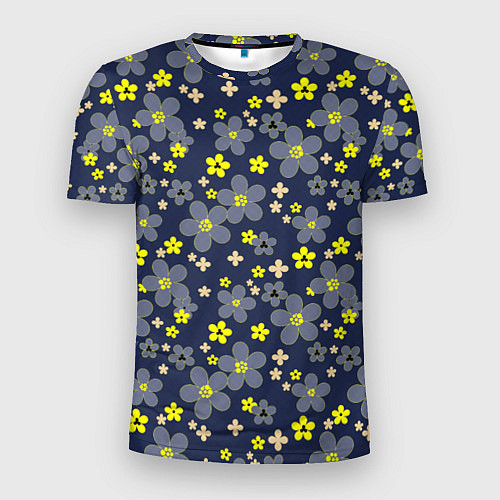Мужская спорт-футболка Лимонного цвета цветы на серо-синем фоне / 3D-принт – фото 1