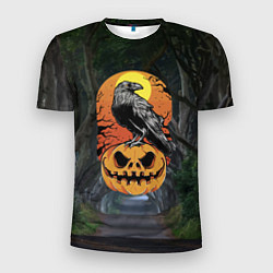 Мужская спорт-футболка Ворон, сидящий на тыкве - Halloween