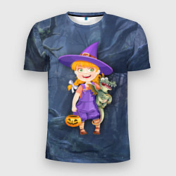 Мужская спорт-футболка Ведьма малолетка в тёмном лесу с дракончиком