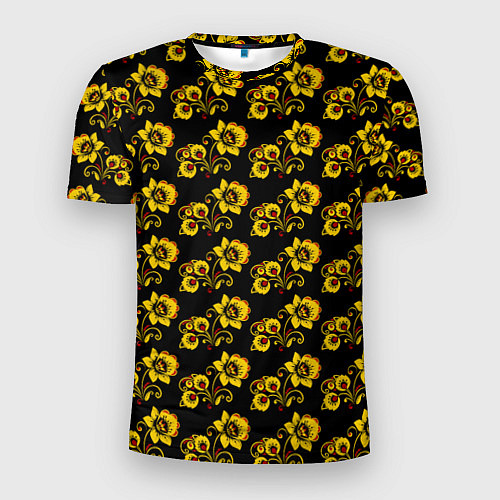 Мужская спорт-футболка Хохломская роспись цветы на чёрном фоне / 3D-принт – фото 1