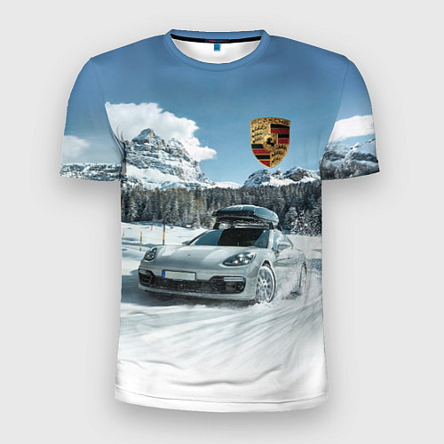 Мужская спорт-футболка Porsche on a mountain winter road / 3D-принт – фото 1