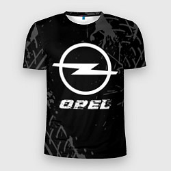 Мужская спорт-футболка Opel speed на темном фоне со следами шин