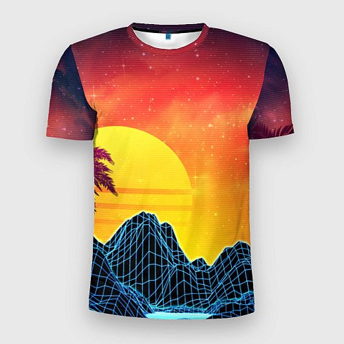 Мужская спорт-футболка Тропический остров на закате ретро иллюстрация / 3D-принт – фото 1