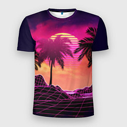 Мужская спорт-футболка Пальмы и пляж в розовом закате ретро дизайн