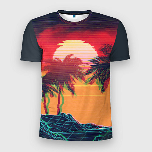 Мужская спорт-футболка Пальмы и пляж на закате с помехами VHS ретро дизай / 3D-принт – фото 1